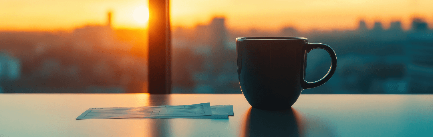 Kaffeetasse am Schreibtisch vor Fenster mit Sonnenaufgang über Stadt – produktiver Morgen, Homeoffice und Fokus